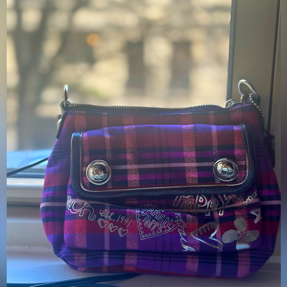 Coach small crossbody purple and pink poppy tartan plaid purse